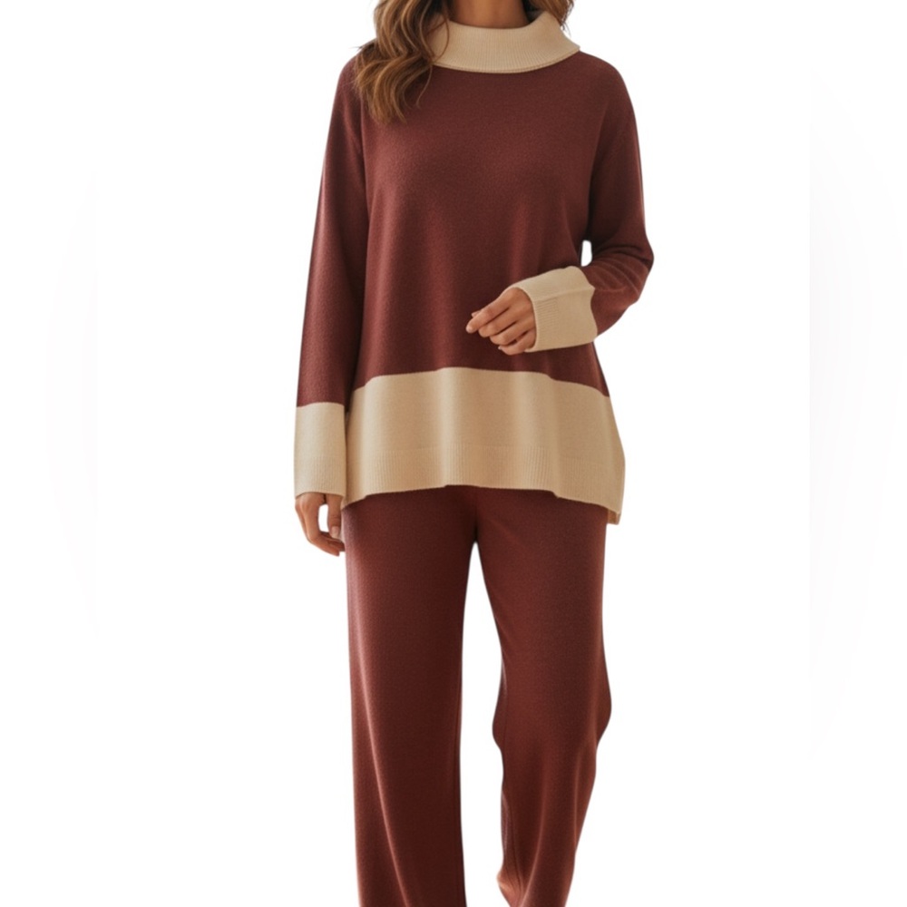 Cezelle Colorblock Sweater Knit Wide Leg Pant Set in Burgundy One Size